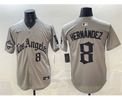 Men's Los Angeles Dodgers #8 Enrique Hernández Grey LA Gothic Style With 2025 World Series Champions Patch Limited Stitched Baseball Jersey