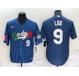 Mens Los Angeles Dodgers #9 Gavin Lux Number Navy Blue Pinstripe 2020 World Series Cool Base Nike Jersey