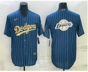 Men's Los Angeles Dodgers Big Logo Navy Blue Pinstripe Stitched MLB Cool Base Nike Jersey2