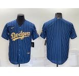 Men's Los Angeles Dodgers Blank Navy Blue Gold Pinstripe Stitched MLB Cool Base Nike Jersey