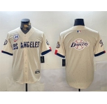 Men's Los Angeles Dodgers Team Big Logo Cream 2024 World Series With No. 34 Patch Limited Stitched Baseball Jersey
