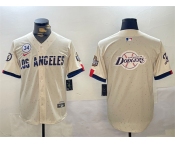 Men's Los Angeles Dodgers Team Big Logo Cream 2024 World Series With No. 34 Patch Limited Stitched Baseball Jersey
