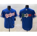Men's Los Angeles Dodgers Team Big Logo Royal With American Flag Patch Limited Stitched Baseball Jersey