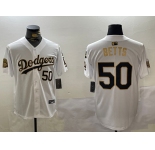 Men's los angeles dodgers #50 mookie betts white gold 2024 world series with fernando memorial patch limited stitched baseball jersey