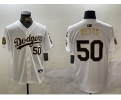 Men's los angeles dodgers #50 mookie betts white gold 2024 world series with fernando memorial patch limited stitched baseball jersey