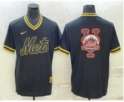 Men's New York Mets Big Logo Black Gold Nike Cooperstown Legend V Neck Jersey