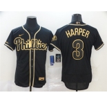 Men's Nike Philadelphia Phillies #3 Bryce Harper Black Gold Flex Base Baseball Jersey