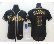 Men's Nike Philadelphia Phillies #3 Bryce Harper Black Gold Flex Base Baseball Jersey