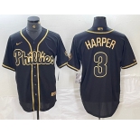 Men's Philadelphia Phillies #3 Bryce Harper Black Gold Cool Base Stitched Baseball Jersey