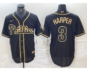 Men's Philadelphia Phillies #3 Bryce Harper Black Gold Cool Base Stitched Baseball Jersey