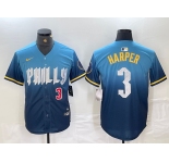 Mens Philadelphia Phillies #3 Bryce Harper Number Blue 2024 City Connect Limited Stitched Jersey