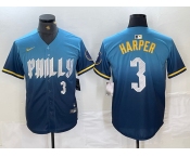 Men's Philadelphia Phillies #3 Bryce Harper Number Blue 2024 City Connect Limited Stitched Jersey