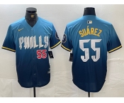 Men's Philadelphia Phillies #55 Ranger Suarez Blue 2024 City Player Number Cool Base Jerseys