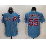 Men's Philadelphia Phillies #55 Ranger Suarez Number Light Blue Cooperstown Cool Base Jersey