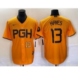 Men's Pittsburgh Pirates #13 KeBryan Hayes Number Gold 2023 City Connect Stitched Jersey2