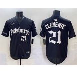 Men's Pittsburgh Pirates #21 Roberto Clemente Black 'Gothic Steel City Edition' Vapor Limited Stitched Baseball Jersey
