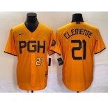 Men's Pittsburgh Pirates #21 Roberto Clemente Number Gold 2023 City Connect Stitched Jersey2