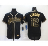 Men's Nike Indians #12 Francisco Lindor Black Gold 2020 Baseball Flexbase Jersey