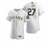Men's Nike Colorado Rockies #27 Trevor Story White 2020 Authentic Golden Edition Baseball Jersey