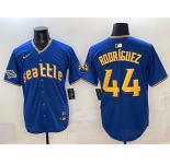 Men's Seattle Mariners #44 Julio Rodríguez Royal With 2025 AL West Division Champions Patch City Connect Limited Stitched Baseball Jersey