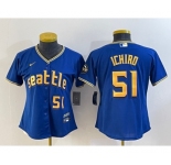 Women's Seattle Mariners #51 Ichiro Suzuki Number Blue 2023 City Connect Cool Base Stitched Jersey