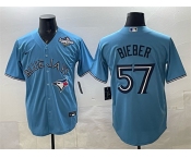 Men's Toronto Blue Jays #57 Shane Bieber Blue 2025 World Series Cool Base Stitched Baseball Jersey