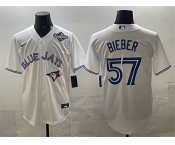 Men's Toronto Blue Jays #57 Shane Bieber White 2025 World Series Home Cool Base Stitched Baseball Jersey