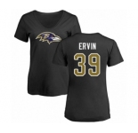Football Women's Baltimore Ravens #39 Tyler Ervin Black Name & Number Logo T-Shirt