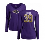 Football Women's Baltimore Ravens #39 Tyler Ervin Purple Name & Number Logo Long Sleeve T-Shirt