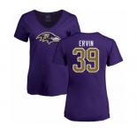 Football Women's Baltimore Ravens #39 Tyler Ervin Purple Name & Number Logo T-Shirt