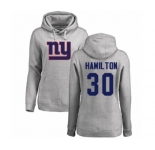 Football Women's New York Giants #30 Antonio Hamilton Ash Name & Number Logo Pullover Hoodie