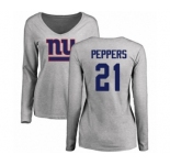 Football Women's New York Giants #21 Jabrill Peppers Ash Name & Number Logo Long Sleeve T-Shirt