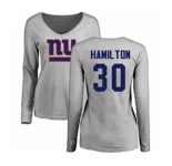 Football Women's New York Giants #30 Antonio Hamilton Ash Name & Number Logo Long Sleeve T-Shirt