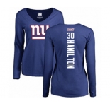 Football Women's New York Giants #30 Antonio Hamilton Royal Blue Backer Long Sleeve T-Shirt