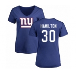 Football Women's New York Giants #30 Antonio Hamilton Royal Blue Name & Number Logo T-Shirt