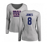 Football Women's New York Giants #8 Daniel Jones Ash Name & Number Logo Long Sleeve T-Shirt