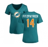 Football Women's Miami Dolphins #14 Ryan Fitzpatrick Aqua Green Name & Number Logo T-Shirt