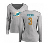 Football Women's Miami Dolphins #3 Josh Rosen Ash Name & Number Logo Long Sleeve T-Shirt