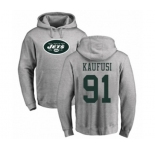 Football New York Jets #91 Bronson Kaufusi Ash Name & Number Logo Pullover Hoodie