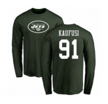 Football New York Jets #91 Bronson Kaufusi Green Name & Number Logo Long Sleeve T-Shirt