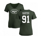 Football Women's New York Jets #91 Bronson Kaufusi Green Name & Number Logo T-Shirt