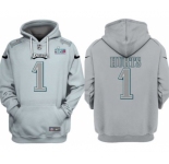 Men's Philadelphia Eagles #1 Jalen Hurts Gray Atmosphere Fashion Super Bowl LVII Patch Pullover Hoodie