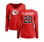 Football Women's Kansas City Chiefs #20 Morris Claiborne Red Name & Number Logo Slim Fit Long Sleeve T-Shirt