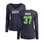 Football Women's Seattle Seahawks #37 Quandre Diggs Navy Blue Name & Number Logo Long Sleeve T-Shirt