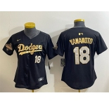 Women's Los Angeles Dodgers #18 Yoshinobu Yamamoto Black Gold 2025 World Series Champions Patch Limited Stitched Baseball Jersey