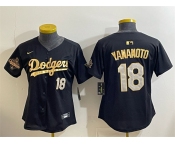Women's Los Angeles Dodgers #18 Yoshinobu Yamamoto Black Gold 2025 World Series Champions Patch Limited Stitched Baseball Jersey