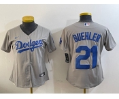Women's Los Angeles Dodgers #21 Walker Buehler Grey Stitched Cool Base Nike Jersey
