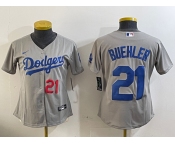Women's Los Angeles Dodgers #21 Walker Buehler Number Grey Stitched Cool Base Nike Jersey