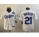 Women's Los Angeles Dodgers #21 Walker Buehler White 2024 World Series Cool Base Stitched Baseball Jersey