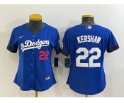 Women's Los Angeles Dodgers #22 Clayton Kershaw Blue 2021 City Connect Number Cool Base Stitched Jersey